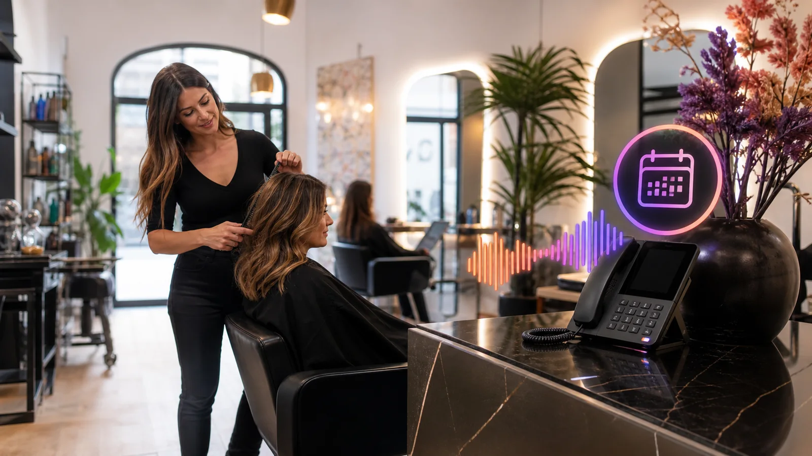 Recepcionista virtual con IA gestionando citas en una peluquería mientras la estilista atiende